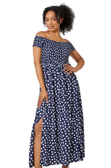 Roman Petite Navy Petite Polka Dot Bardot Maxi Dress
