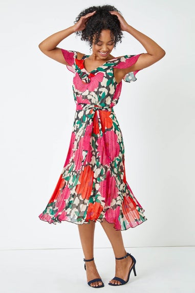 Roman Petite Pink Petite Floral Cold Shoulder Chiffon Midi Dress