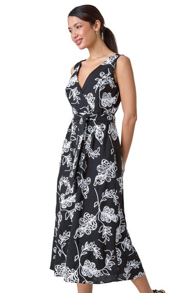 Roman Black Floral Embroidered Cotton Blend Dress