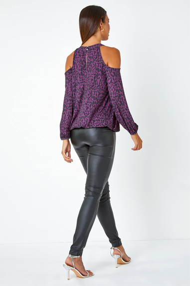 Roman Purple  Animal Print Cold Shoulder Stretch Top