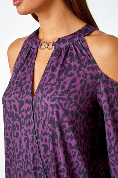 Roman Purple  Animal Print Cold Shoulder Stretch Top