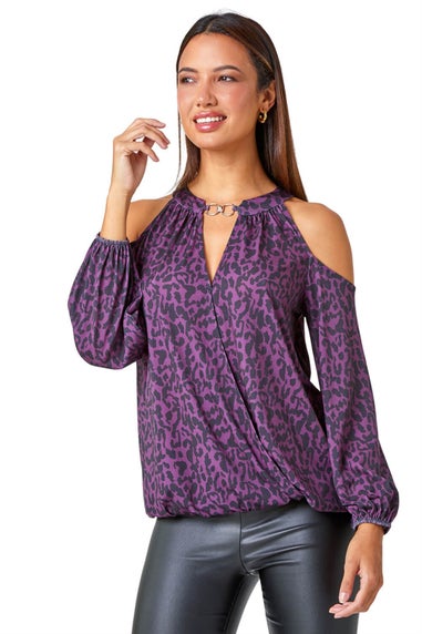 Roman Purple  Animal Print Cold Shoulder Stretch Top