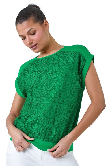 Roman Green Lace Panel Stretch Jersey Top