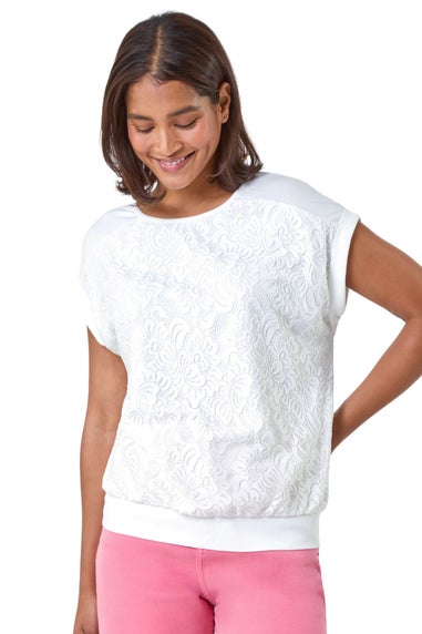 Roman Ivory Lace Panel Stretch Jersey Top