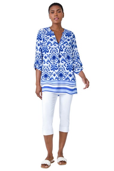 Roman Blue Ornate Border Print Pleated V-Neck Top