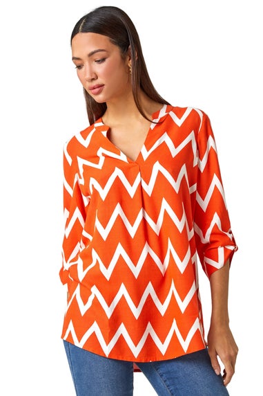 Roman Orange Zig Zag Print V-Neck Pleat Detail Tunic Top