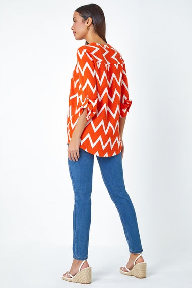 Roman Orange Zig Zag Print V-Neck Pleat Detail Tunic Top