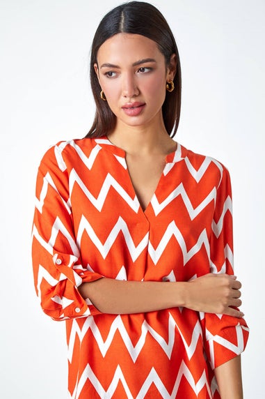 Roman Orange Zig Zag Print V-Neck Pleat Detail Tunic Top