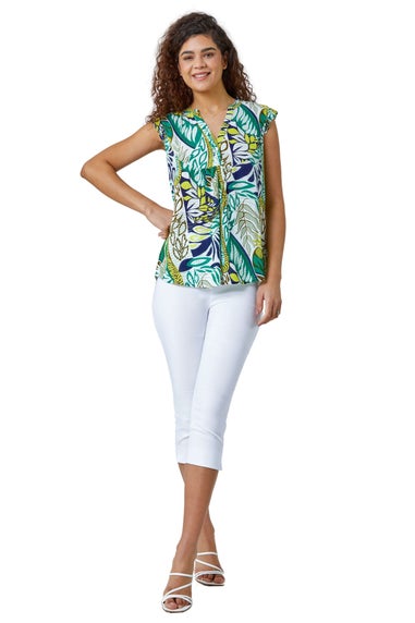 Roman Green Abstract Leaf Print Frill V-Neck Blouse