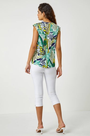 Roman Green Abstract Leaf Print Frill V-Neck Blouse