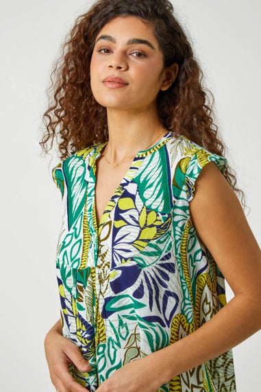 Roman Green Abstract Leaf Print Frill V-Neck Blouse