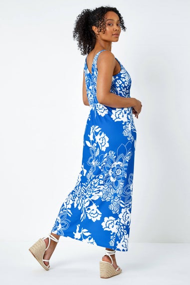 Roman Petite Blue Petite Floral Knot Stretch Maxi Dress