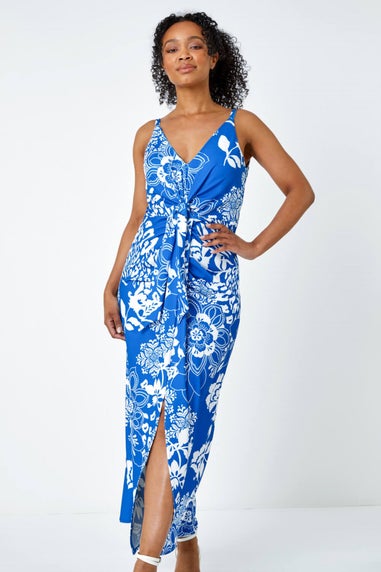 Roman Petite Blue Petite Floral Knot Stretch Maxi Dress