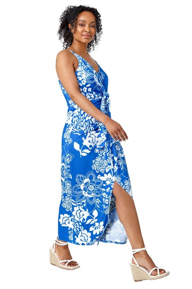 Roman Petite Blue Petite Floral Knot Stretch Maxi Dress