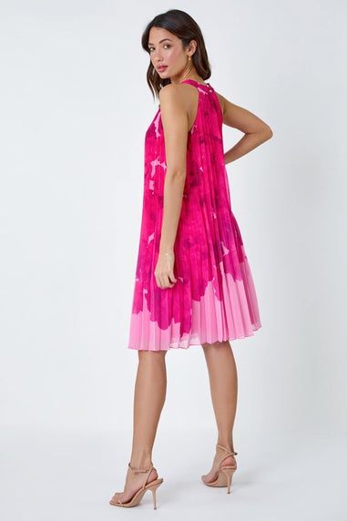 Roman Cerise Floral Halter Neck Pleated Chiffon Swing Dress