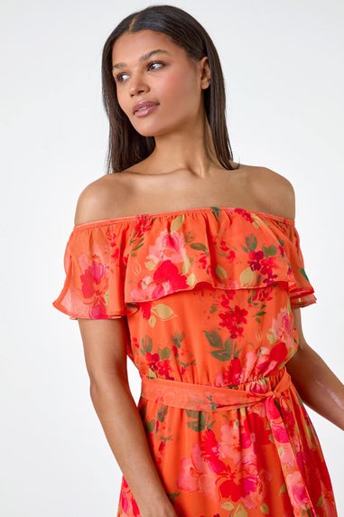 Roman Orange Floral Tiered Bardot Belted Dress