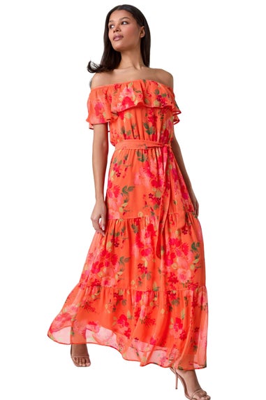 Roman Orange Floral Tiered Bardot Belted Dress