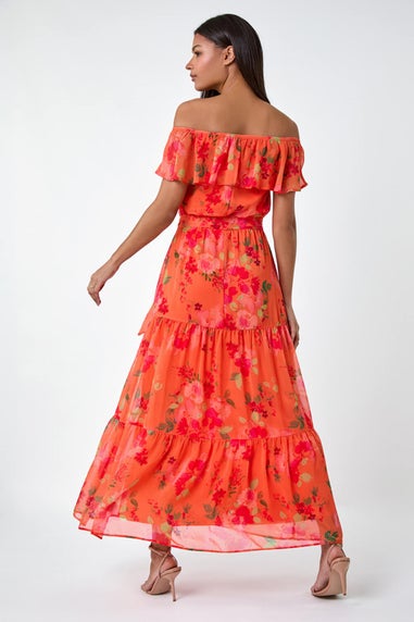 Roman Orange Floral Tiered Bardot Belted Dress