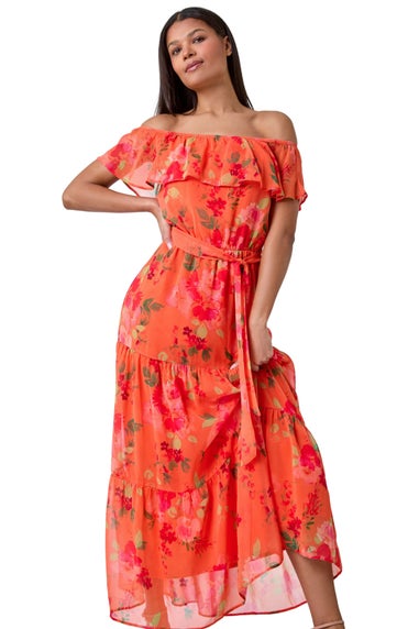 Roman Orange Floral Tiered Bardot Belted Dress