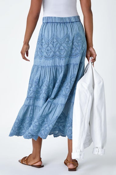 Roman Denim Broderie Elastic Waist A Line Tiered Midi Skirt