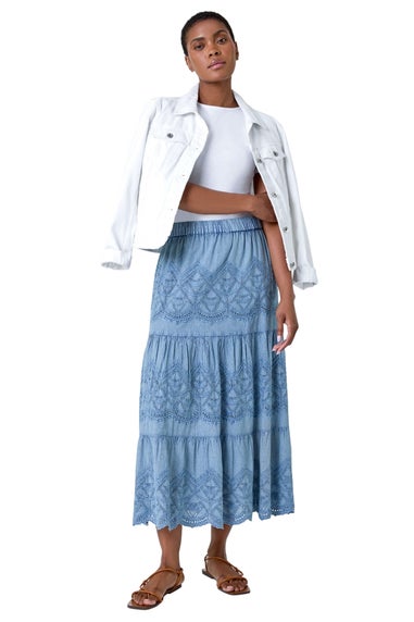 Roman Denim Broderie Elastic Waist A Line Tiered Midi Skirt