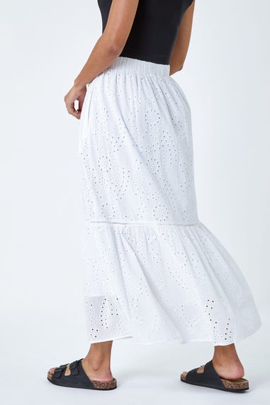 Roman White Cotton Broderie Pocket A Line Midi Skirt