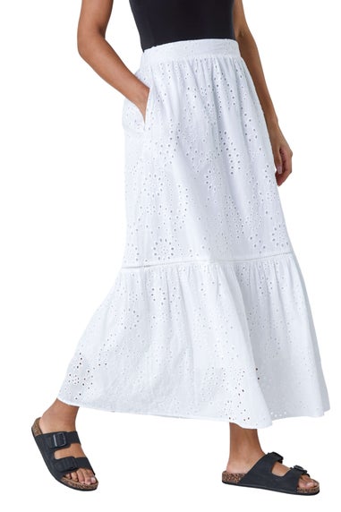 Roman White Cotton Broderie Pocket A Line Midi Skirt