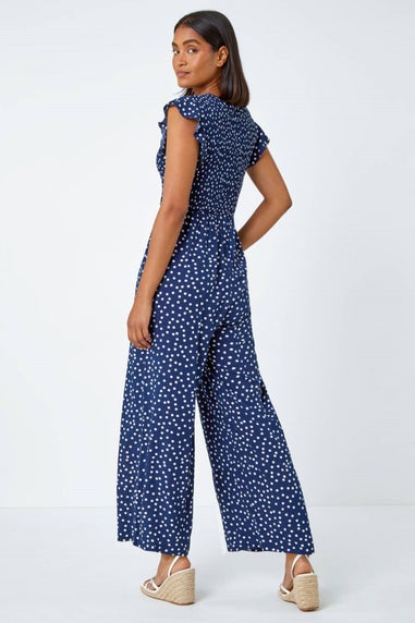 Roman Navy Polka Dot Shirred Pocket Jumpsuit