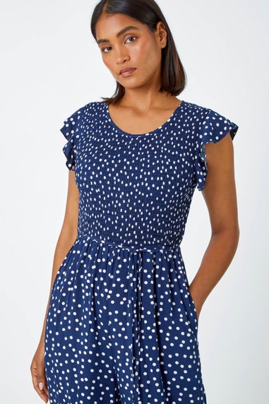 Roman Navy Polka Dot Shirred Pocket Jumpsuit