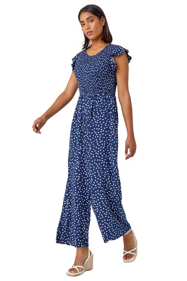 Roman Navy Polka Dot Shirred Pocket Jumpsuit