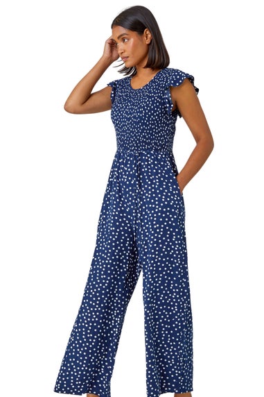 Roman Navy Polka Dot Shirred Pocket Jumpsuit