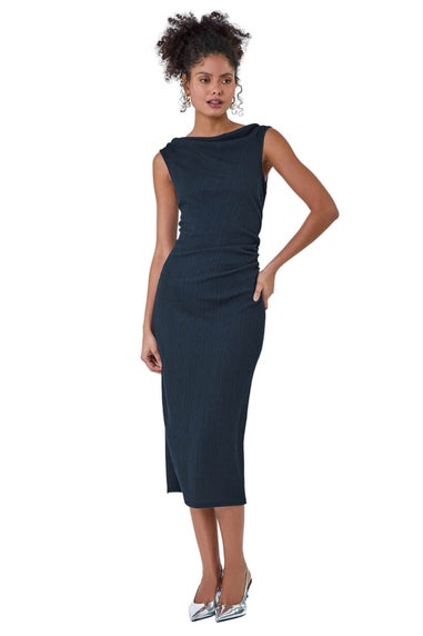 Roman Dusk Navy Ruched Cowl Neck Midi Dress