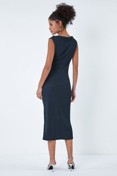 Roman Dusk Navy Ruched Cowl Neck Midi Dress