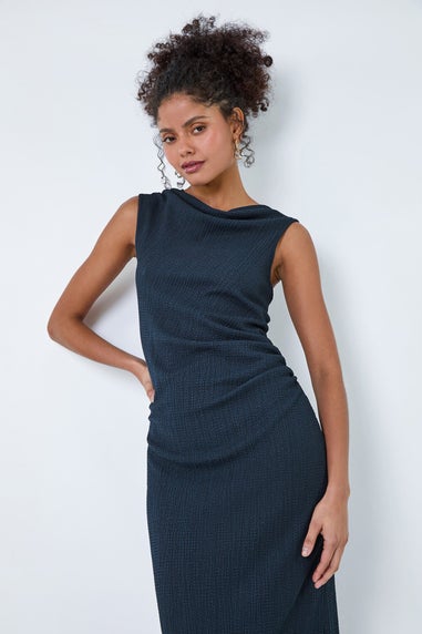 Roman Dusk Navy Ruched Cowl Neck Midi Dress