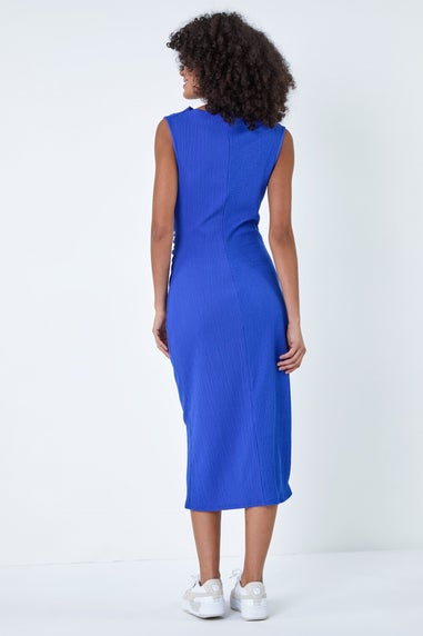 Roman Dusk Royal Blue Ruched Cowl Neck Midi Dress