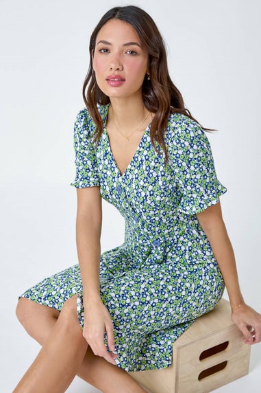 Roman Green Ditsy Floral Side Button Dress
