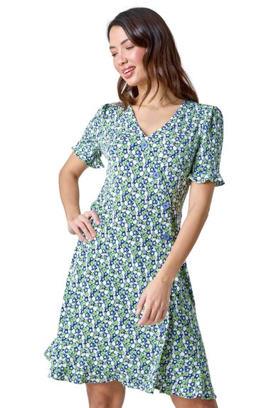 Roman Green Ditsy Floral Side Button Dress