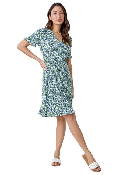 Roman Green Ditsy Floral Side Button Dress