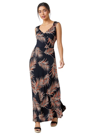 Roman Rust Tropical Puff Print Wrap Maxi Dress