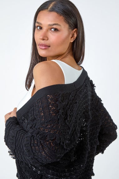 Roman Black Fringe Detail Scalloped Cotton Blend Cardigan