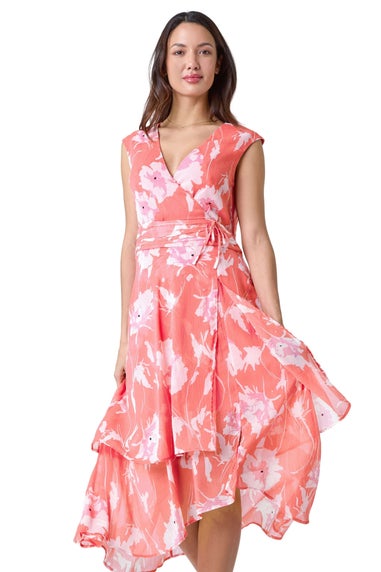 Roman Coral Embellished Floral Print Tiered Midi Dress