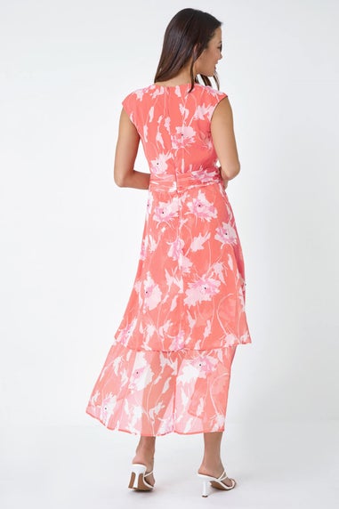 Roman Coral Embellished Floral Print Tiered Midi Dress