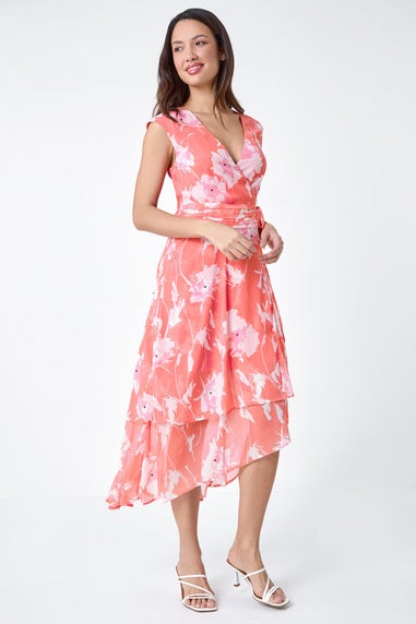 Roman Coral Embellished Floral Print Tiered Midi Dress