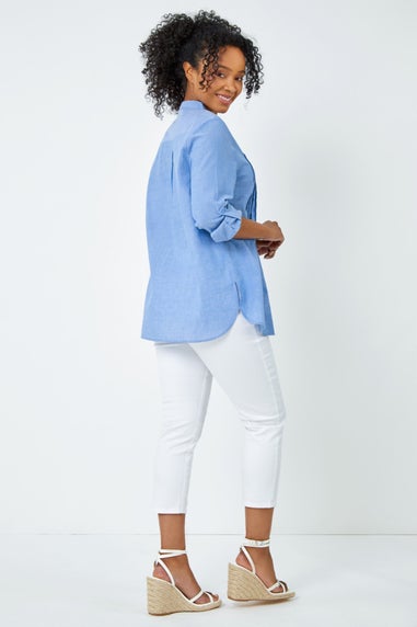 Roman Petite Blue Petite Collarless Cotton Shirt