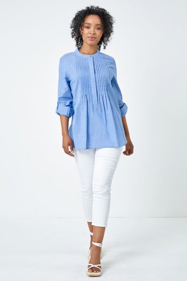 Roman Blue Petite Collarless Cotton Shirt