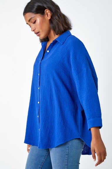 Roman Royal Blue Cotton Textured Button Shirt