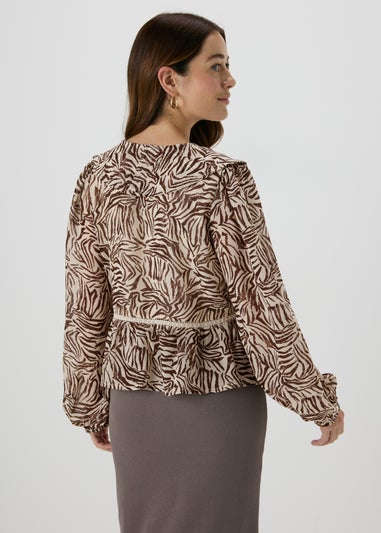 Brown Zebra Print Frill Blouse