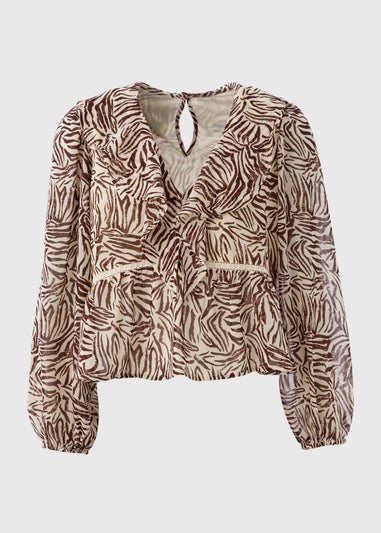 Brown Zebra Print Frill Blouse