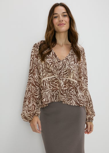 Brown Zebra Print Frill Blouse