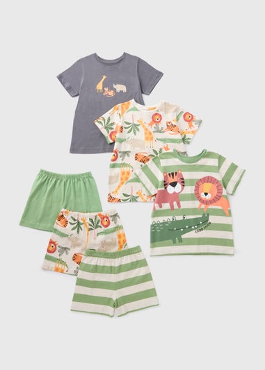 3 Pack Boys Green Jungle Top & Short Pyjama Set (1-7yrs)